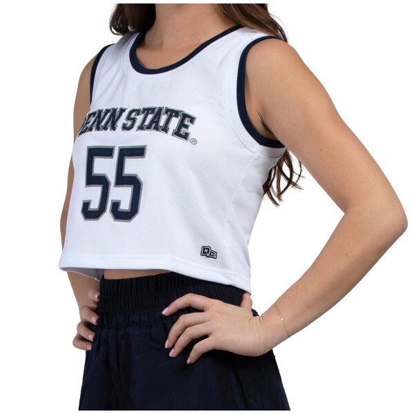side view of model wearing women's white cropped basketball jersey with Penn State and #55